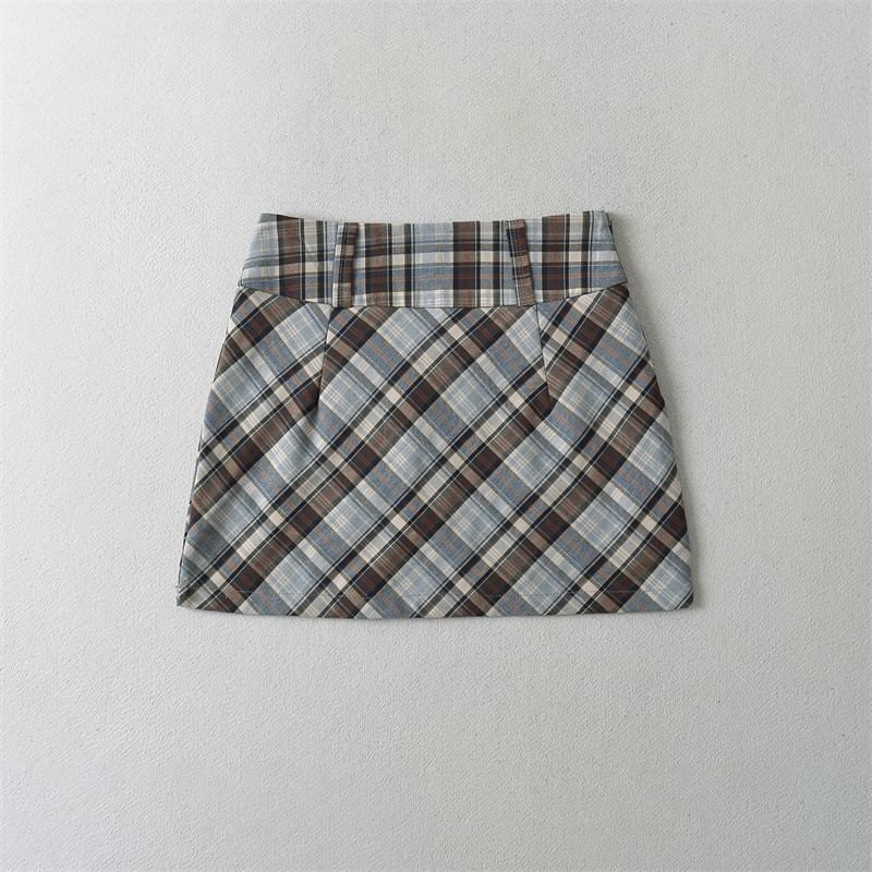 Plaid Mini Pencil Skirt with High Rise