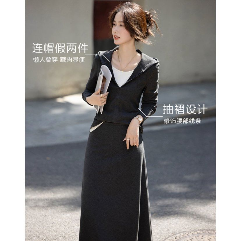 Two-Tone Half-Zip Hoodie & Midi A-Line Skirt Set