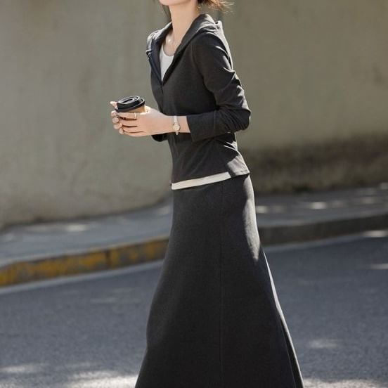 Two-Tone Half-Zip Hoodie & Midi A-Line Skirt Set