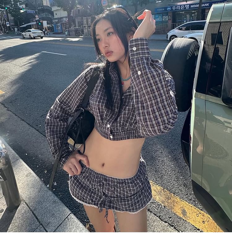 Plaid Button-Up Crop Shirt with Lace Trim Mini A-Line Skirt