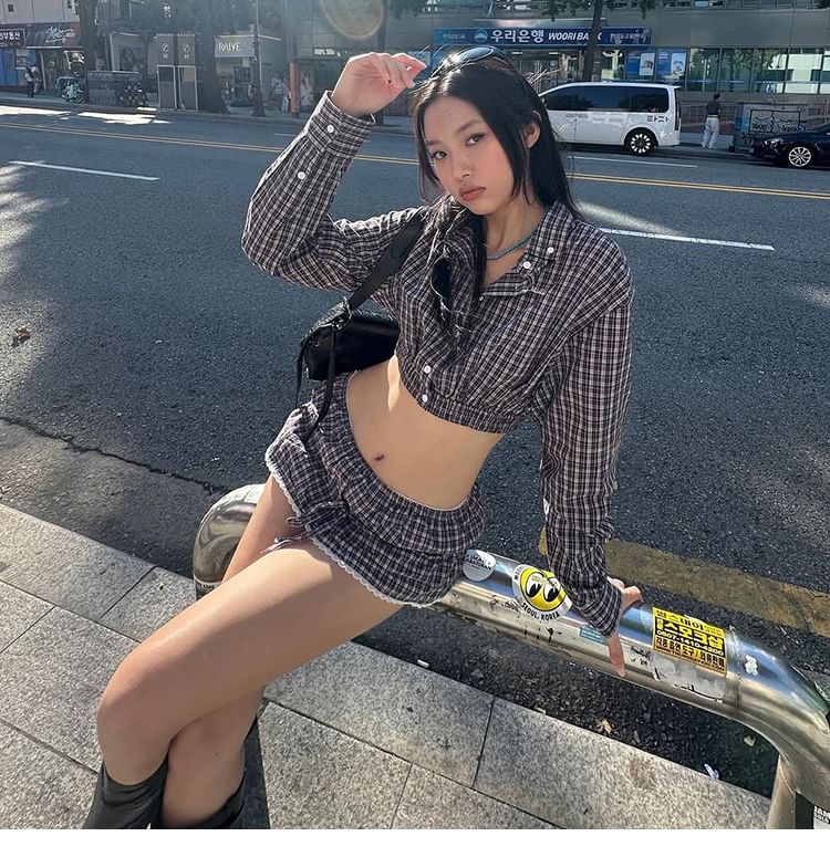 Plaid Button-Up Crop Shirt with Lace Trim Mini A-Line Skirt