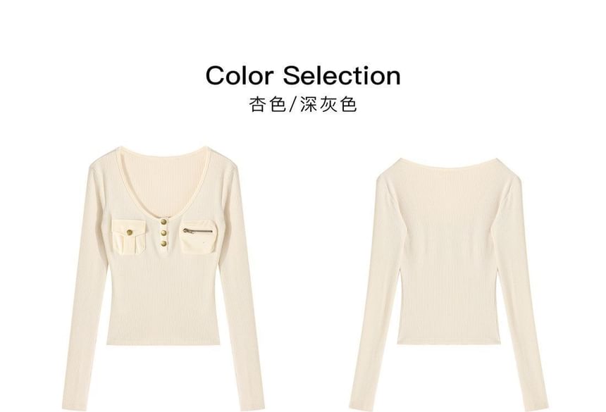 Ribbed Henley T-Shirt with Long Sleeves & Slim Fit