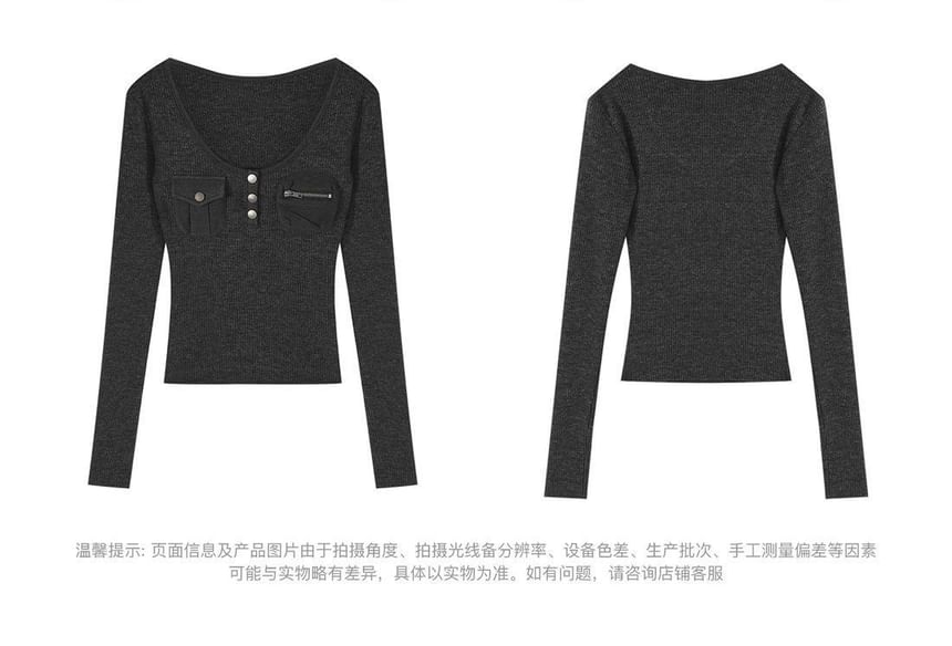 Ribbed Henley T-Shirt with Long Sleeves & Slim Fit