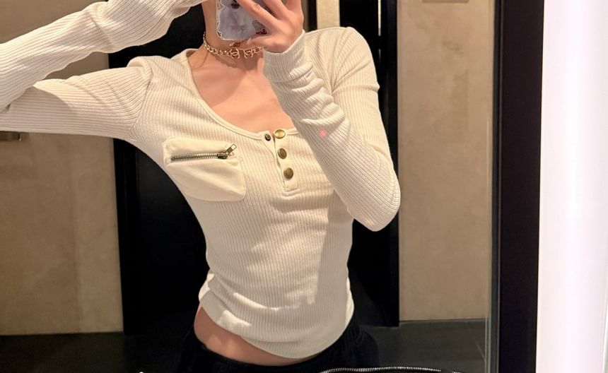 Ribbed Henley T-Shirt with Long Sleeves & Slim Fit