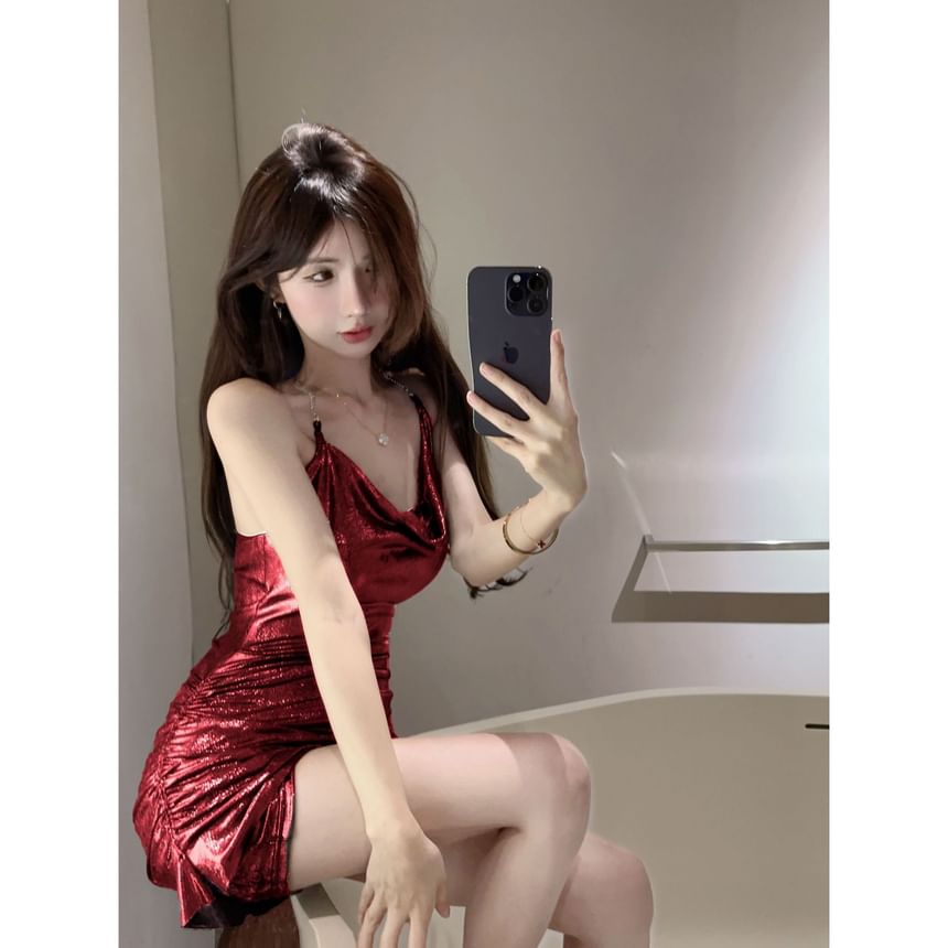 Spaghetti Strap Cowl Neck Ruched Mini Bodycon Dress