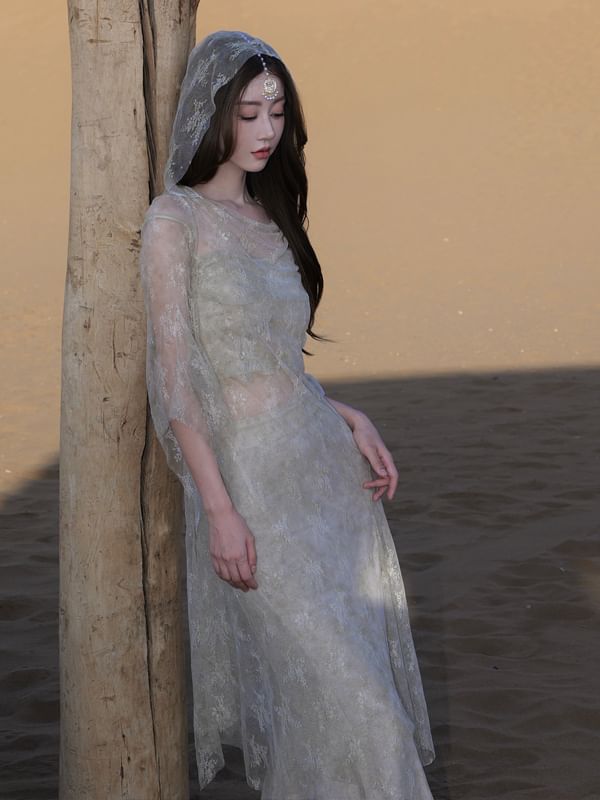 Hooded Slit Lace Long Top with Crop Cami and Tie Dye Maxi Skirt Set