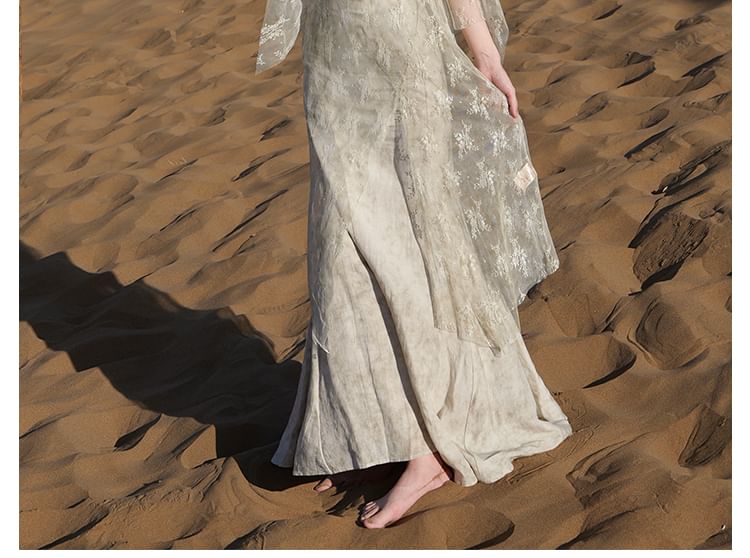 Hooded Slit Lace Long Top with Crop Cami and Tie Dye Maxi Skirt Set