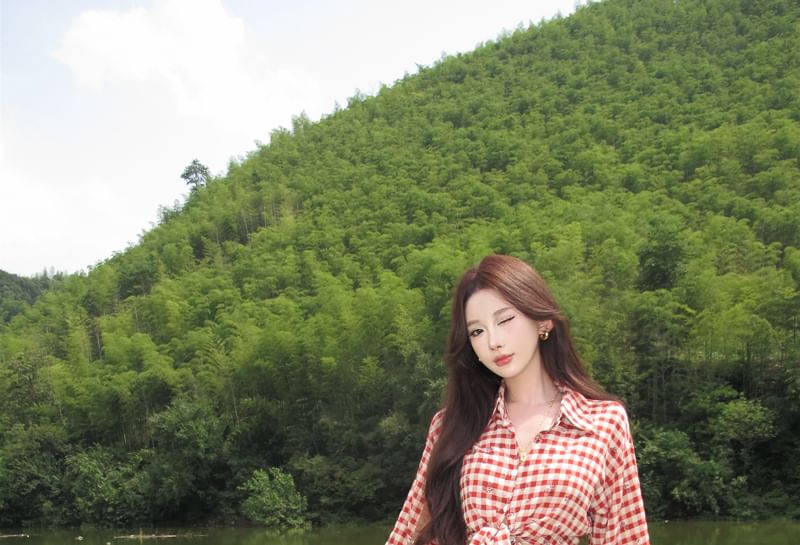 Collared Gingham Tie Hem Crop Blouse with Ruffle Trim Slit Maxi Skirt Set