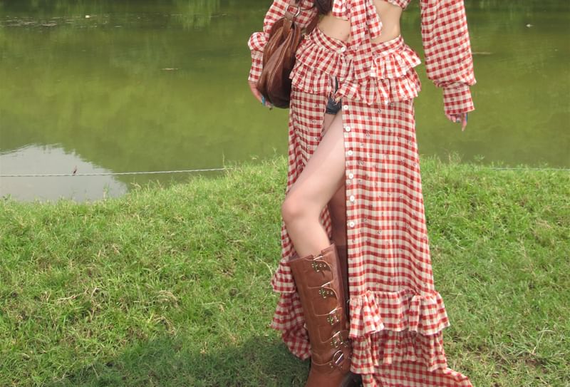 Collared Gingham Tie Hem Crop Blouse with Ruffle Trim Slit Maxi Skirt Set