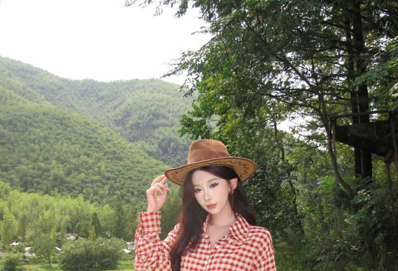 Collared Gingham Tie Hem Crop Blouse with Ruffle Trim Slit Maxi Skirt Set