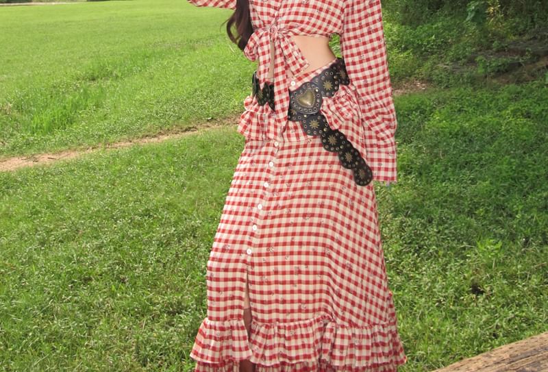 Collared Gingham Tie Hem Crop Blouse with Ruffle Trim Slit Maxi Skirt Set