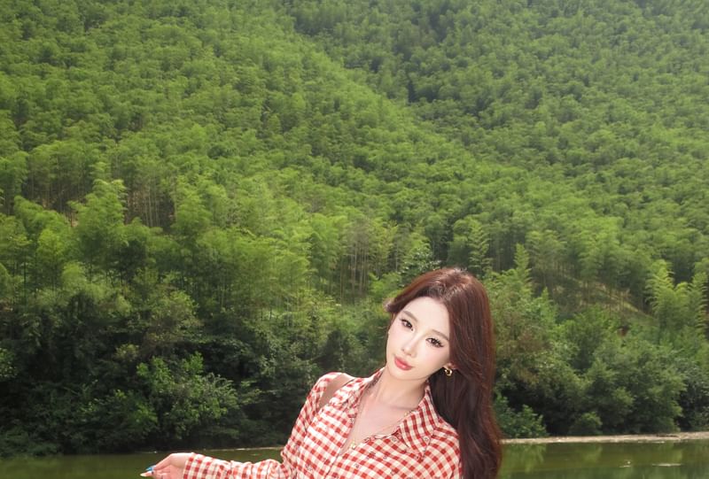 Collared Gingham Tie Hem Crop Blouse with Ruffle Trim Slit Maxi Skirt Set