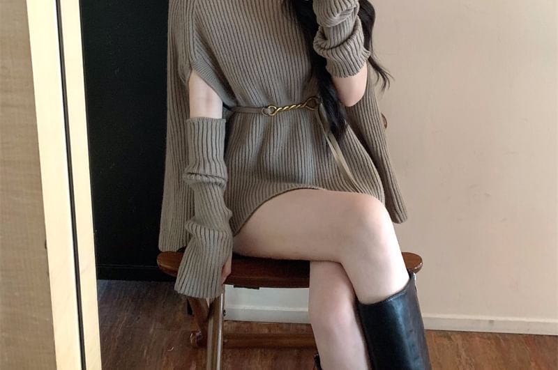 Ribbed Turtleneck Knit Top with Cape Sleeves and Arm Sleeves Set
