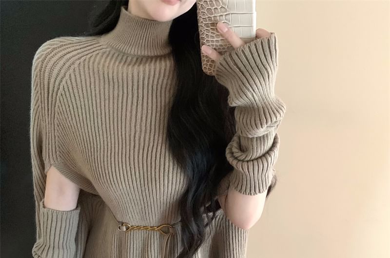Ribbed Turtleneck Knit Top with Cape Sleeves and Arm Sleeves Set