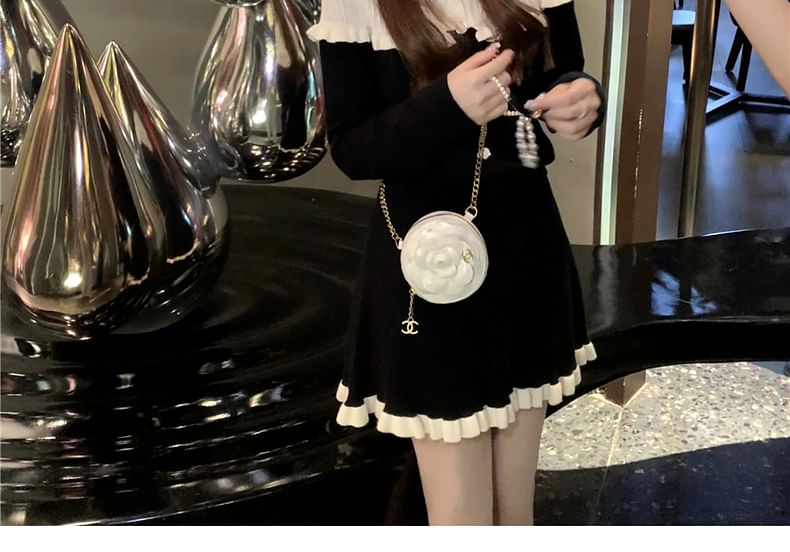 Two-Tone Ruffle-Trim Button Knit Top & High-Rise A-Line Mini Skirt Set