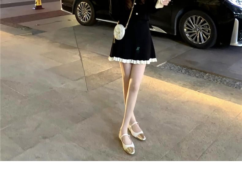 Two-Tone Ruffle-Trim Button Knit Top & High-Rise A-Line Mini Skirt Set