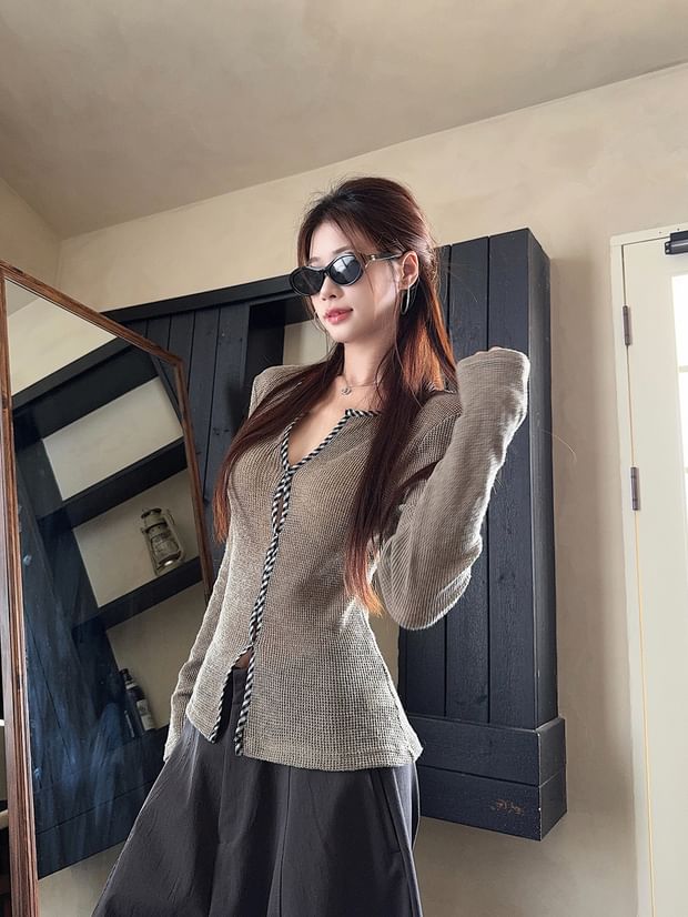 Plaid Panel Buttoned Knit Pullover with Notch Neckline and Extended Sleeves