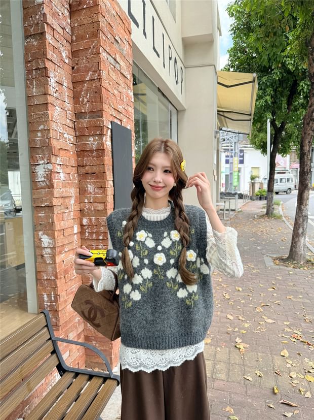 Floral Crewneck Sweater Vest or Long-Sleeved Lacy Blouse Combo