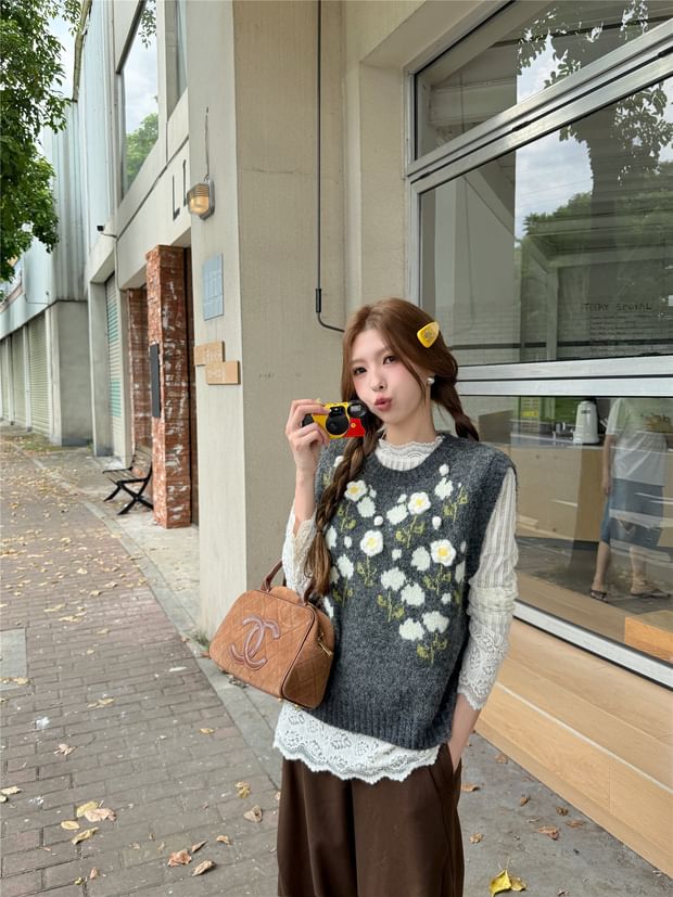 Floral Crewneck Sweater Vest or Long-Sleeved Lacy Blouse Combo