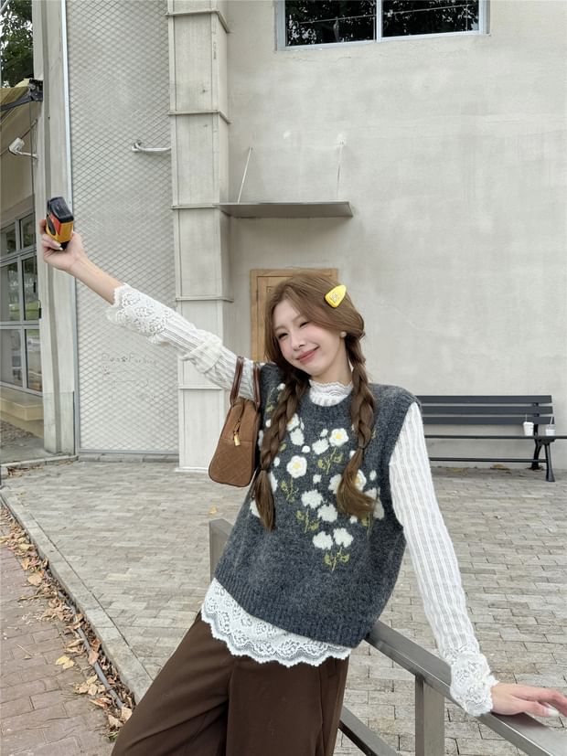 Floral Crewneck Sweater Vest or Long-Sleeved Lacy Blouse Combo