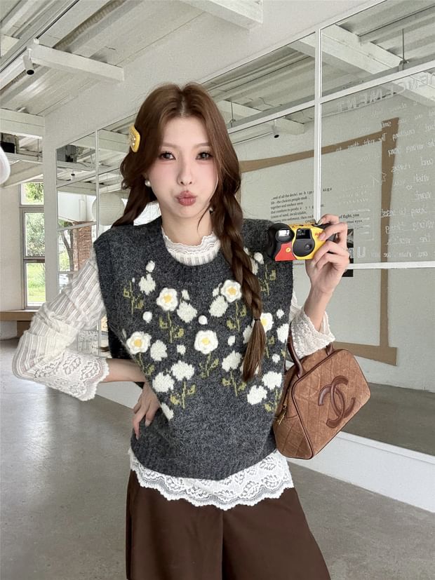 Floral Crewneck Sweater Vest or Long-Sleeved Lacy Blouse Combo