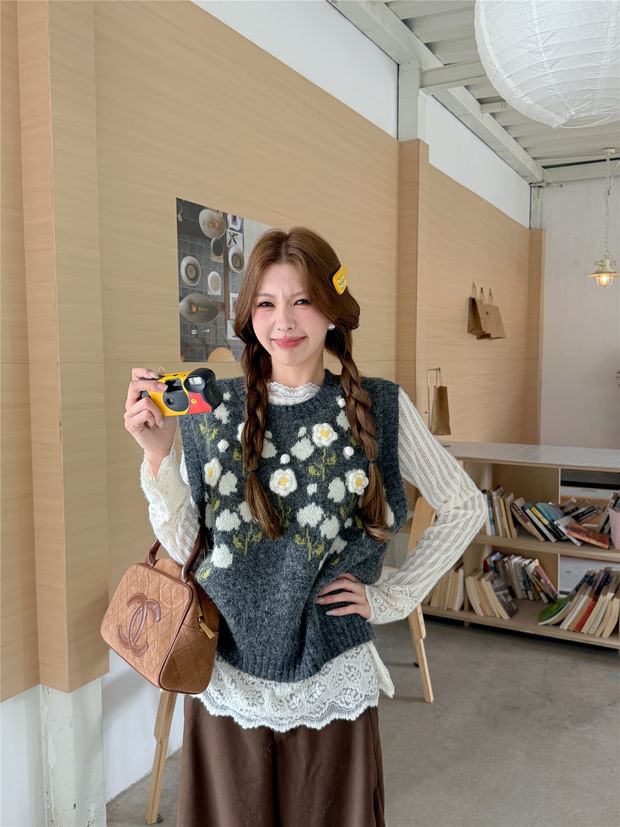 Floral Crewneck Sweater Vest or Long-Sleeved Lacy Blouse Combo