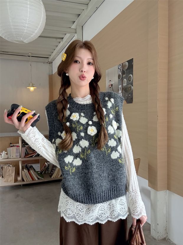 Floral Crewneck Sweater Vest or Long-Sleeved Lacy Blouse Combo