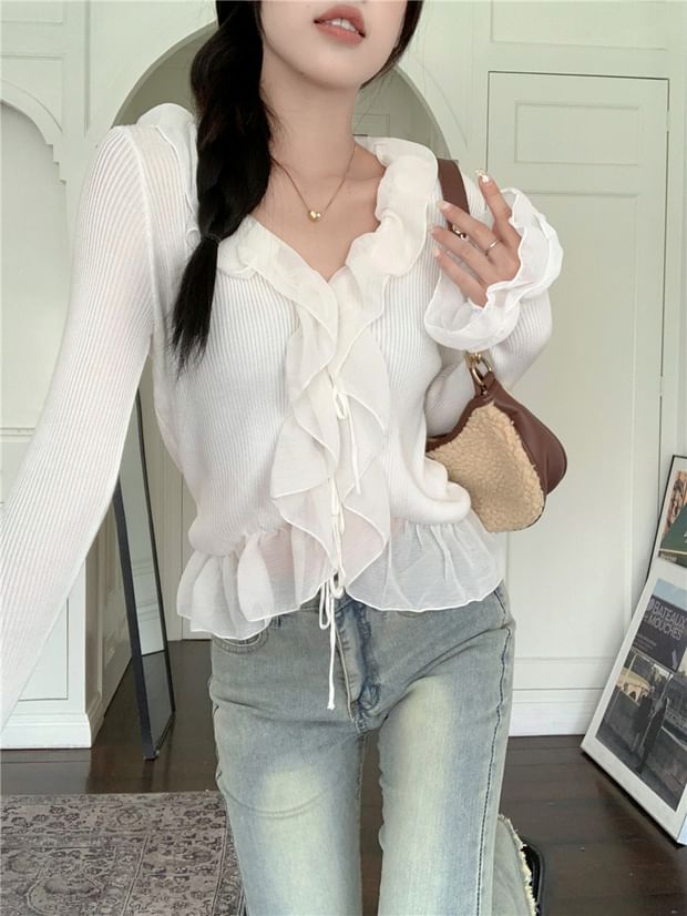 Ribbed Cropped Knit Cardigan with Ruffle Trim, Tie Front and V-Neckline