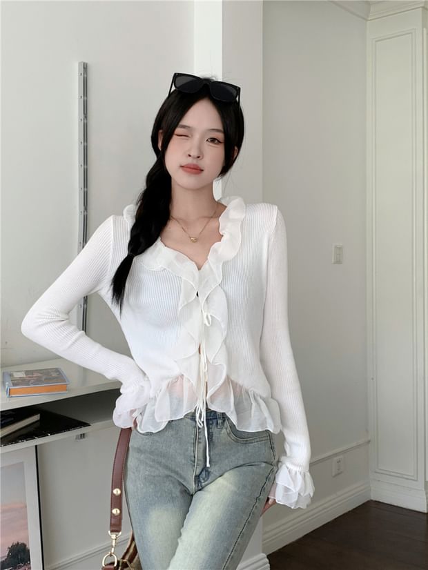 Ribbed Cropped Knit Cardigan with Ruffle Trim, Tie Front and V-Neckline