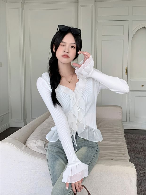 Ribbed Cropped Knit Cardigan with Ruffle Trim, Tie Front and V-Neckline