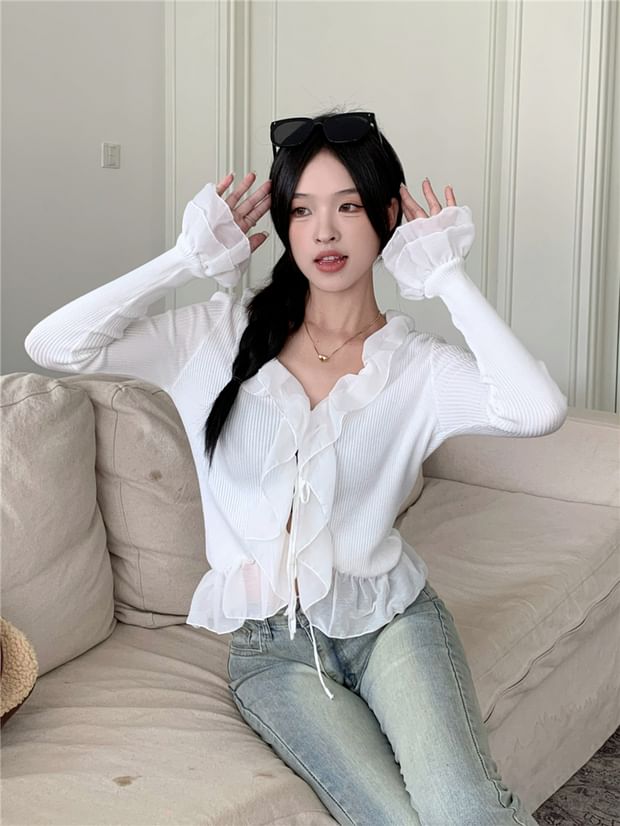 Ribbed Cropped Knit Cardigan with Ruffle Trim, Tie Front and V-Neckline