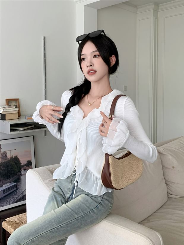 Ribbed Cropped Knit Cardigan with Ruffle Trim, Tie Front and V-Neckline