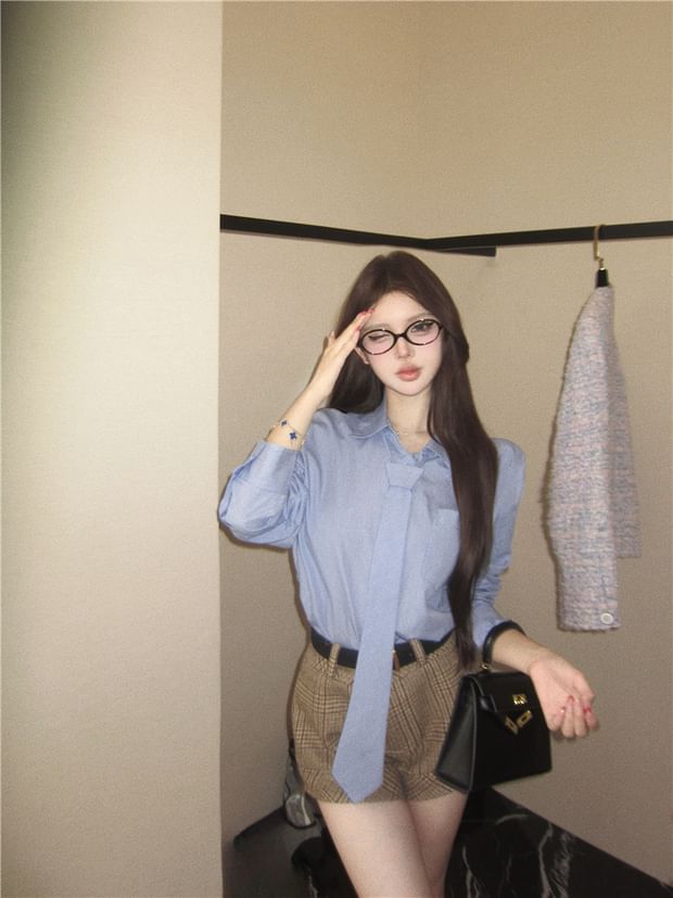 Plaid Shorts and Belt Set with Button Shirt, Necktie and Long Sleeves
