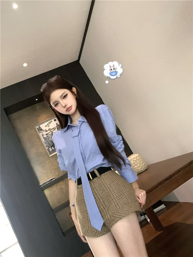 Plaid Shorts and Belt Set with Button Shirt, Necktie and Long Sleeves