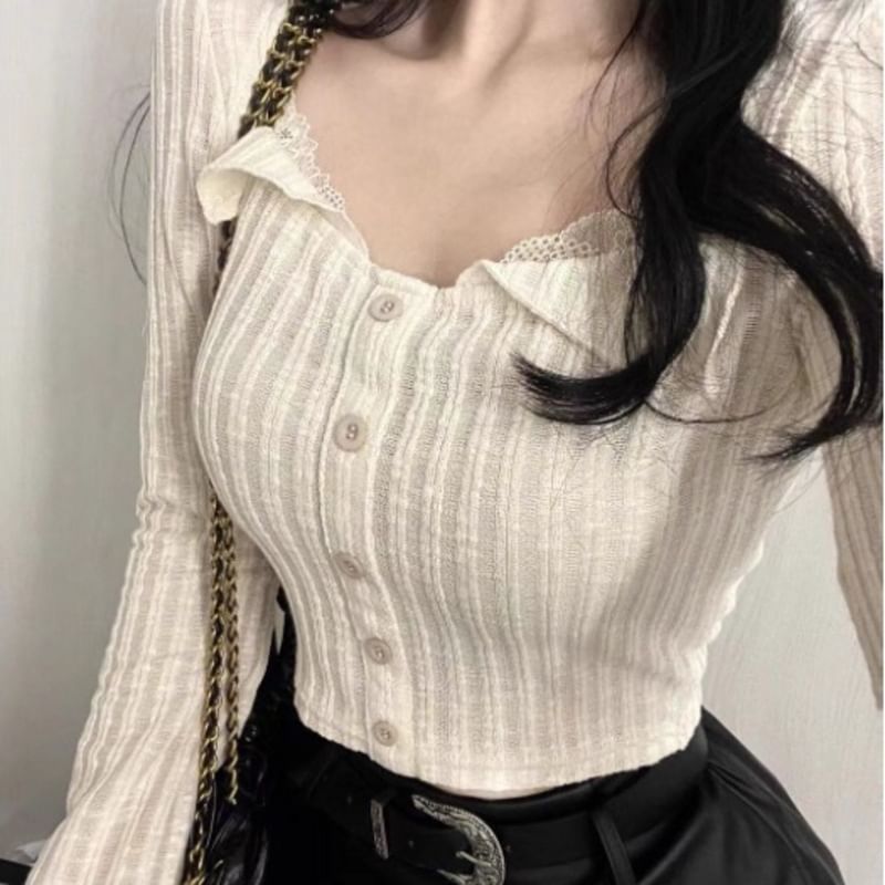 Ribbed Cropped Knit Cardigan with Lace Trim, Buttons and Long Sleeves