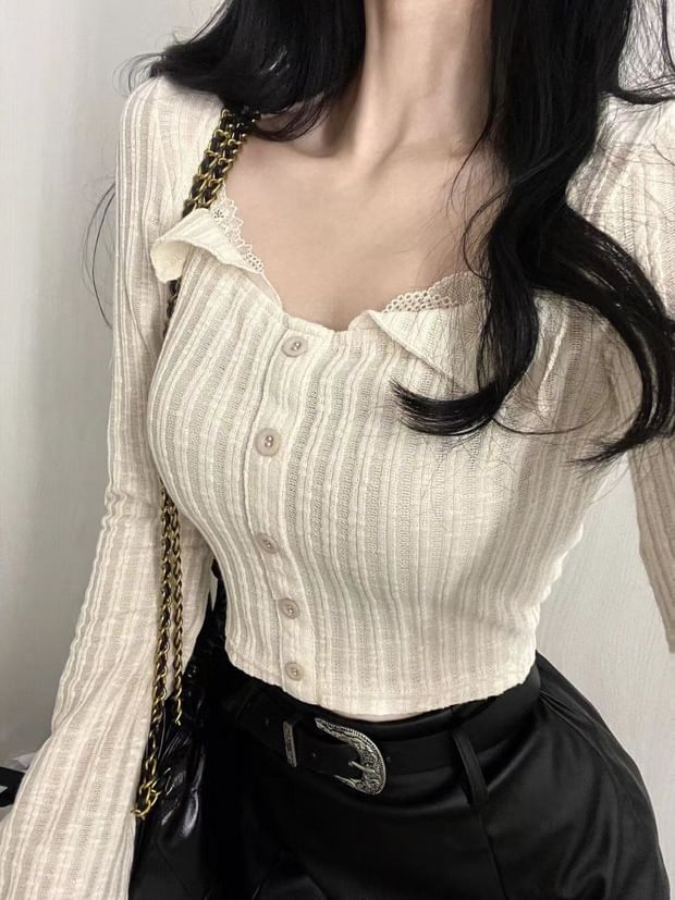 Ribbed Cropped Knit Cardigan with Lace Trim, Buttons and Long Sleeves