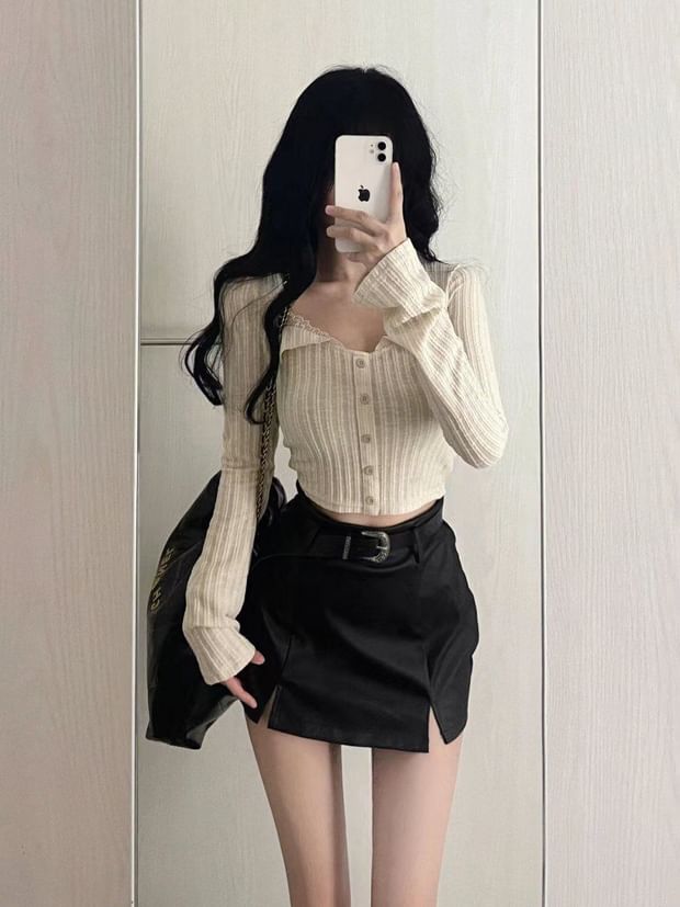 Ribbed Cropped Knit Cardigan with Lace Trim, Buttons and Long Sleeves