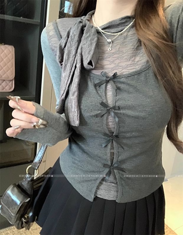 Slim Fit Knotted Lace Panel Tee and Bow Cutout Cami Two-Piece Set