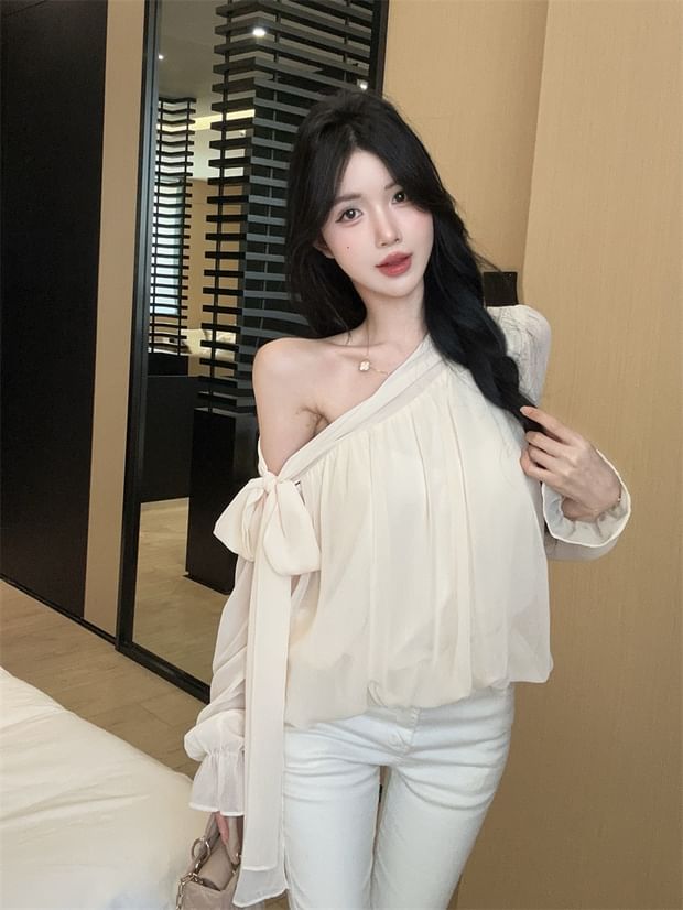 Off-Shoulder Bow Blouse with Asymmetrical Neckline and Long Sleeves
