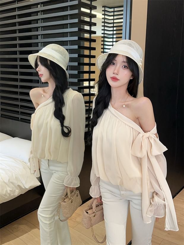 Off-Shoulder Bow Blouse with Asymmetrical Neckline and Long Sleeves