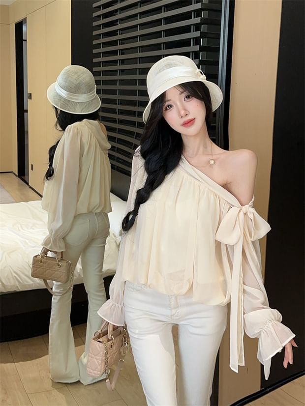 Off-Shoulder Bow Blouse with Asymmetrical Neckline and Long Sleeves