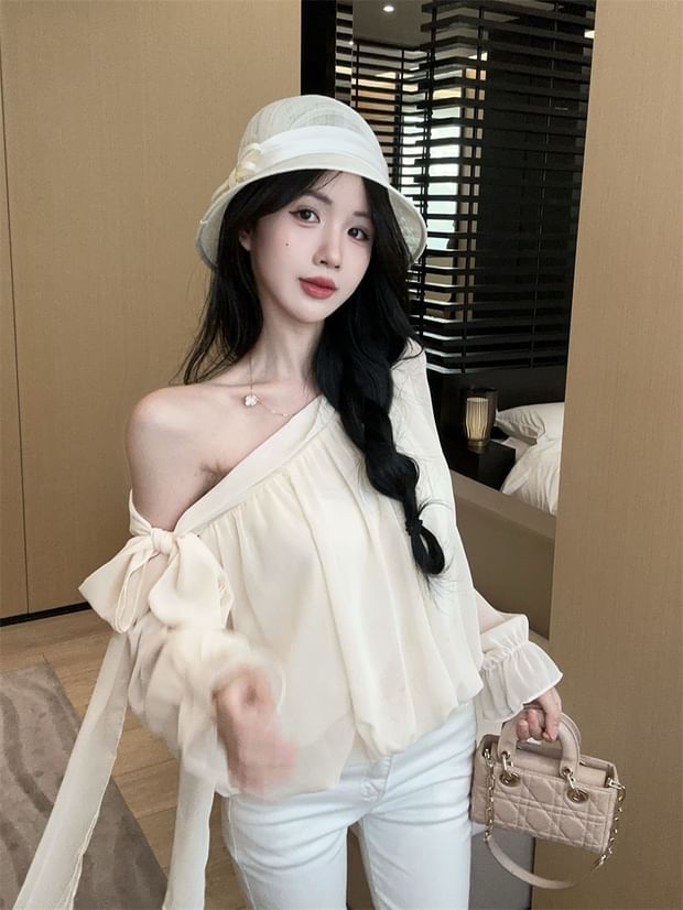 Off-Shoulder Bow Blouse with Asymmetrical Neckline and Long Sleeves