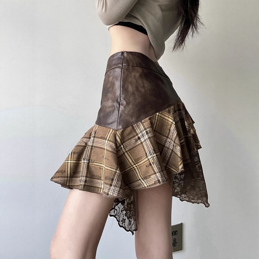 Plaid Panel Mini Skirt with Mid Waist