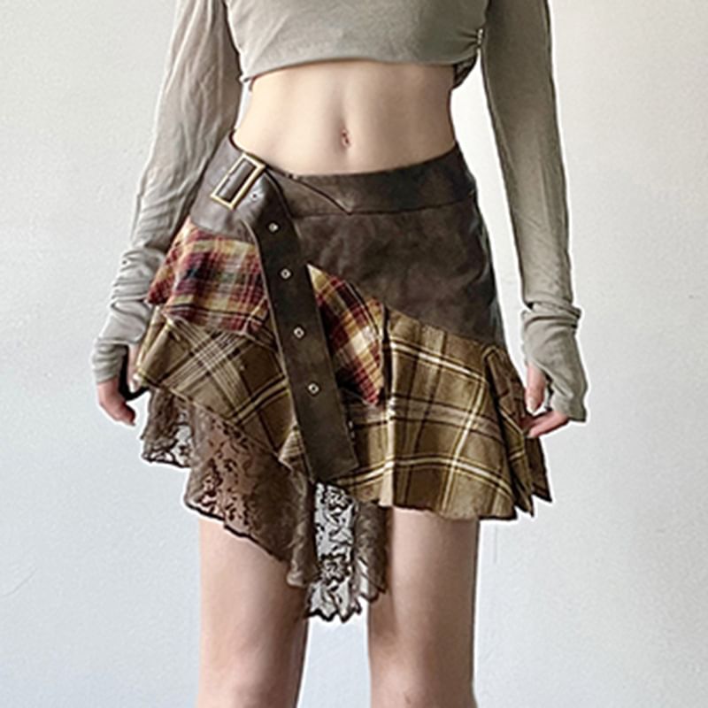 Plaid Panel Mini Skirt with Mid Waist
