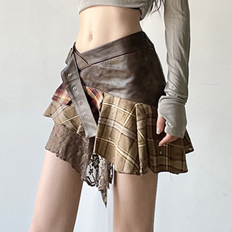 Plaid Panel Mini Skirt with Mid Waist