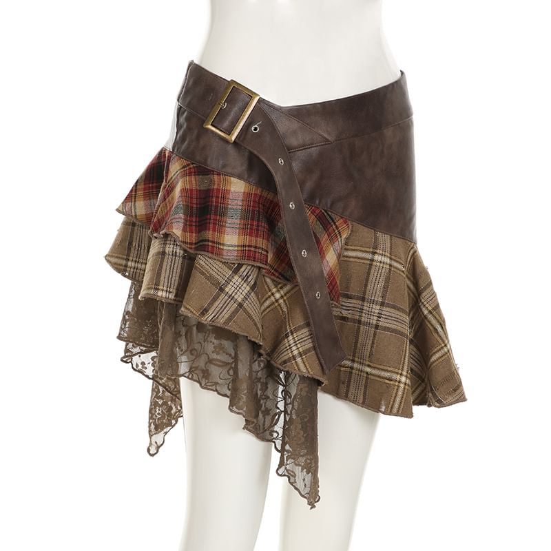 Plaid Panel Mini Skirt with Mid Waist
