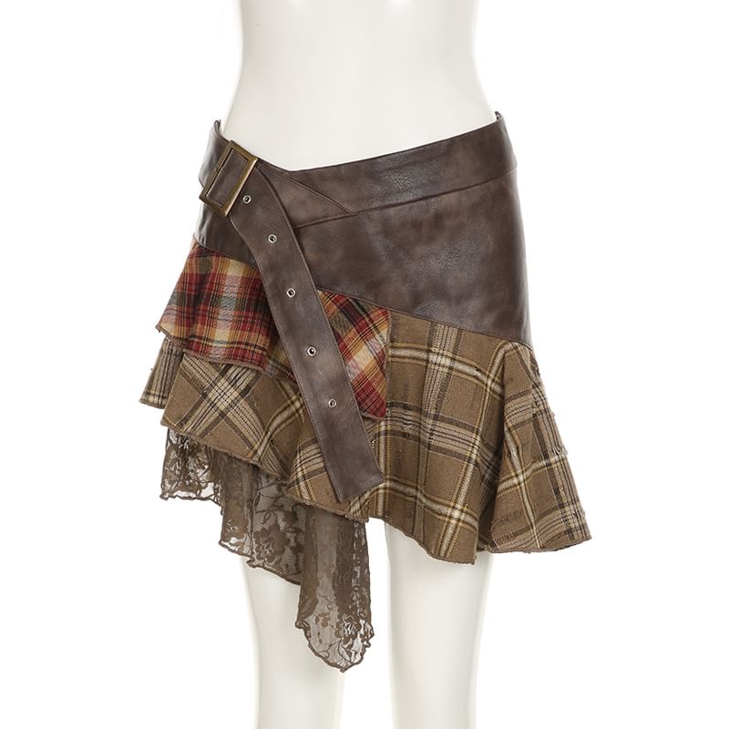 Plaid Panel Mini Skirt with Mid Waist