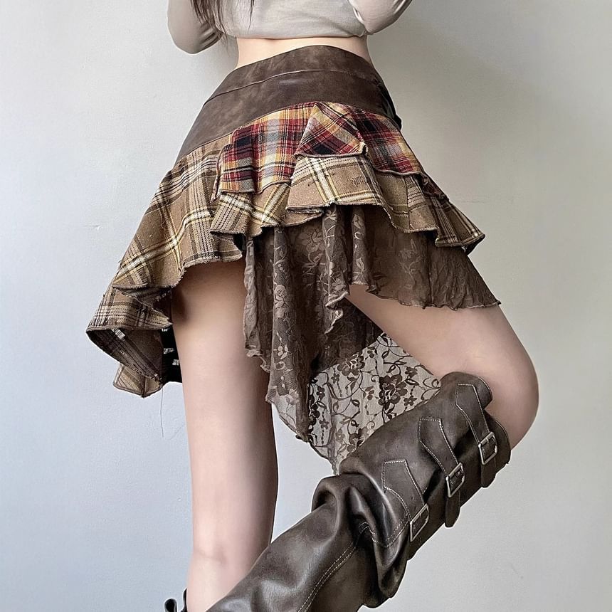 Plaid Panel Mini Skirt with Mid Waist