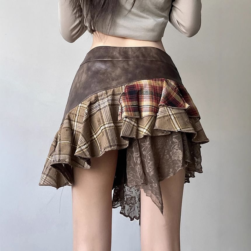 Plaid Panel Mini Skirt with Mid Waist