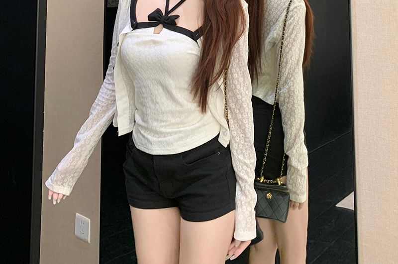 Halter Crop Top & Solid Cardigan Set